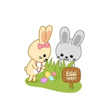 Two bunnies are looking for Easter eggs. Egg hunt. Cartoon, vector Stock Illustration