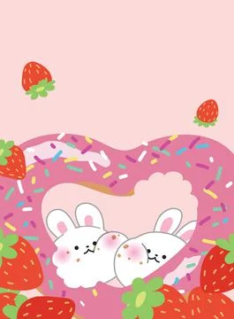 Two bunnies sharing a pink donut Stock Illustration