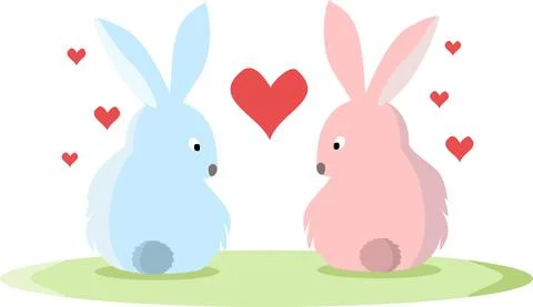 Two bunny sit on the lawn surrounded by hearts Stock Illustration