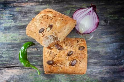 Two Buns with Seeds on Table Stock Photos