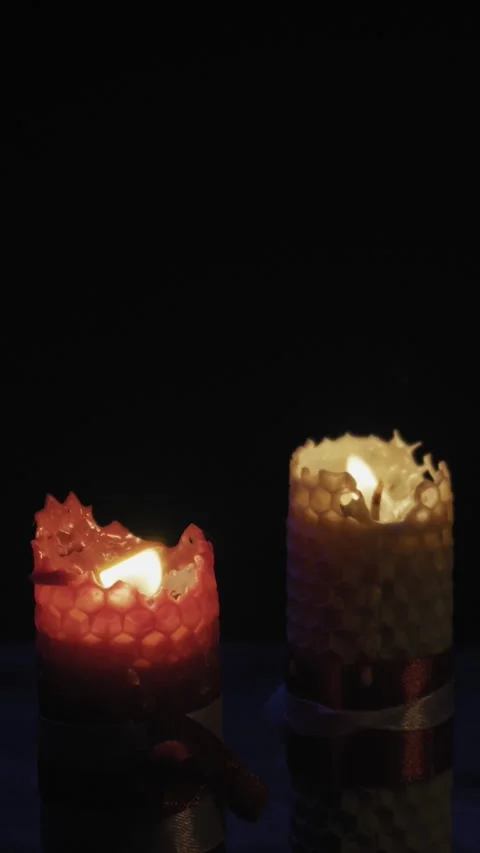 Two Burning Beeswax Candles Flickering In Dark Romantic Atmosphere Stock Footage 329970866