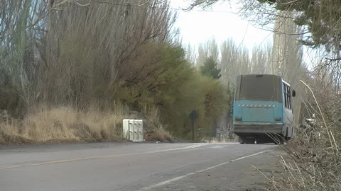 Two Buses Driving on Rural Road Stock Footage 331589188