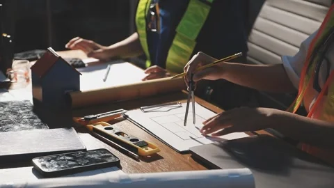 Two business man construction site engineer. Engineering objects on workpla.. Stock Footage 306572612