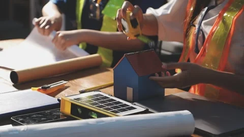 Two business man construction site engineer. Engineering objects on workpla.. Stock Footage 306572671