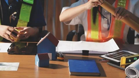 Two business man construction site engineer. Engineering objects on workpla.. Stock Footage 306572722