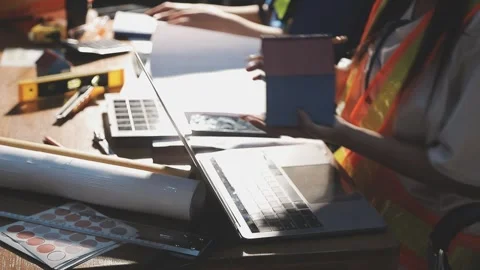 Two business man construction site engineer. Engineering objects on workpla.. Stock Footage 306572796