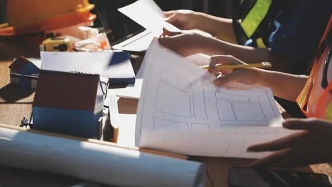 Two business man construction site engineer. Engineering objects on workpla.. Stock Footage 306572869