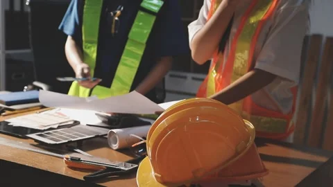 Two business man construction site engineer. Engineering objects on workpla.. Stock Footage 306573648