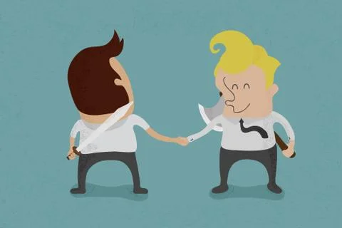 Two business mans shaking hands and hiding weapon behind their backs Stock Illustration