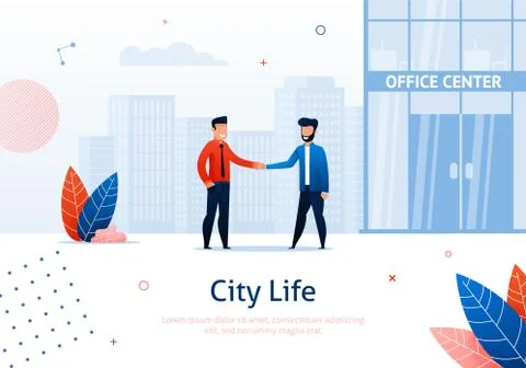 Two Business Men Shaking Hands near Office Center. Stock Illustration