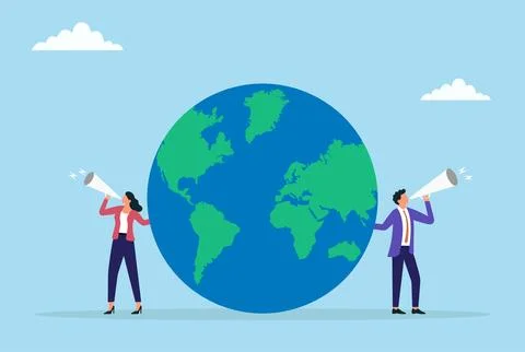 Two business people announcing through a megaphone near globe Stock-Illustration