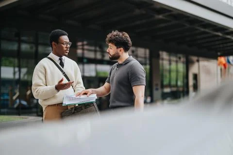 Two business professionals discussing documents outdoors near a modern building 库存照片