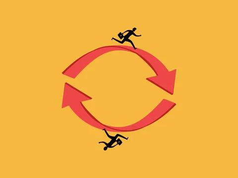 Two businessmen are running on a loop of arrows Ilustración de archivo