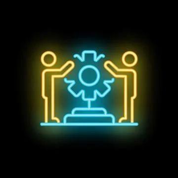 Two businessmen collaborating on a project symbolized by a neon gear icon Stock Illustration