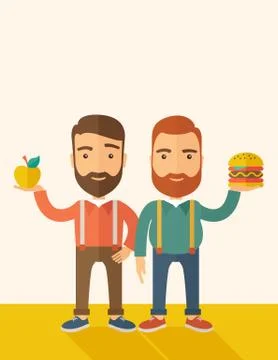 Two businessmen comparing apple to hamburger Stock Illustration