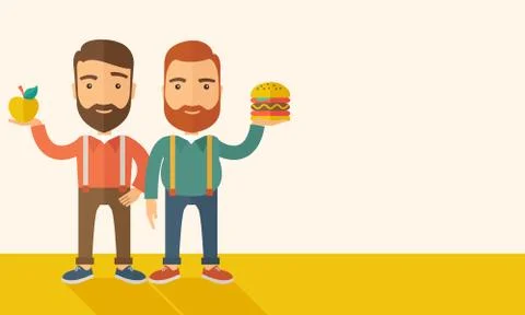 Two businessmen comparing apple to hamburger Stock Illustration