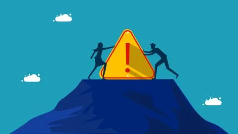 Two businessmen compete to push an exclamation point. Problem alert concept Stock Illustration