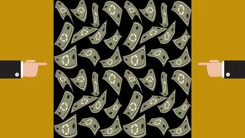Two businessmen hands point to falling banknotes Stock Illustration