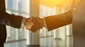 The two businessmen handshake on the sunny background. slow motion 4k or 4k+ Resolution