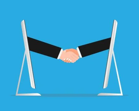 Two Businessmen Handshaking Through Computer Screens, Blue Background Stock Illustration