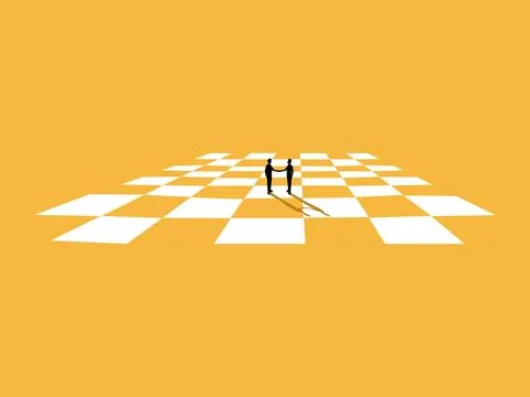 Two businessmen join hands on a chessboard. Ilustração Stock