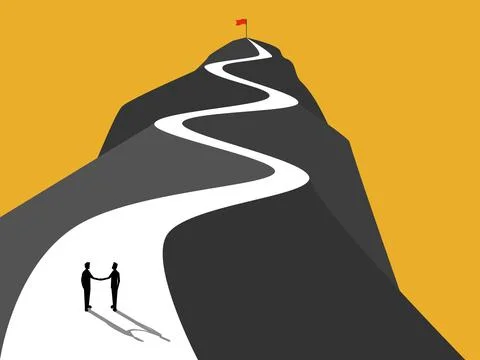 Two businessmen joined hands and traveled up the mountain. Stock Illustration