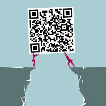 Two businessmen lifted the QR code. Isolated on blue background. Stock Illustration