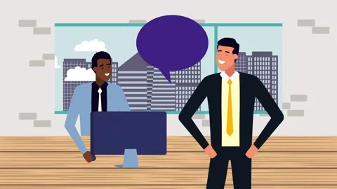 Two businessmen in office talking with speech bubble, city view background .. 스톡 동영상 338314854