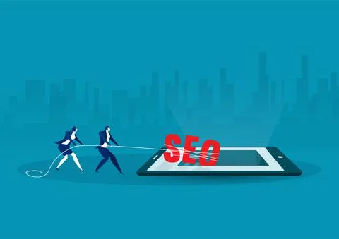 Two businessmen pulling rope tied to a big seo word on tablet reserch concept Stock Illustration