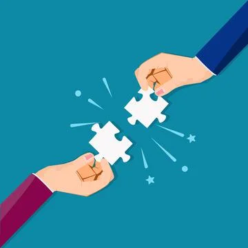 Two businessmen put two matching puzzle pieces together. in the concept of te Stock Illustration