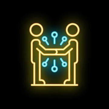 Two businessmen shaking hands with digital connection neon sign icon Stock Illustration