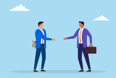 Two businessmen shaking hands, one holding bag and the other hiding a money bag Stock Illustration