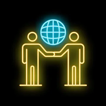 Two businessmen shaking hands over world map neon sign vector illustration Stock Illustration