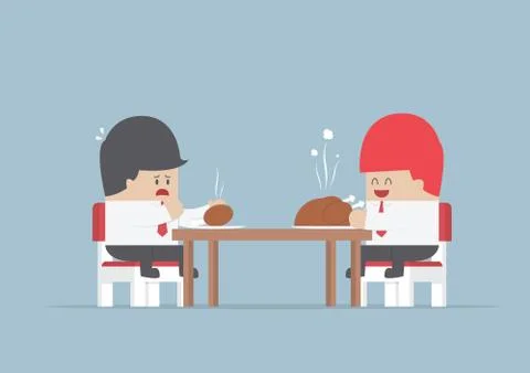 Two businessmen sitting at dinning table with big and small piece of chicken, Stock Illustration