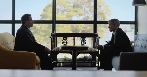 Two businessmen talking to each other while sitting in comfort sofas near a w Stock Footage 146204366