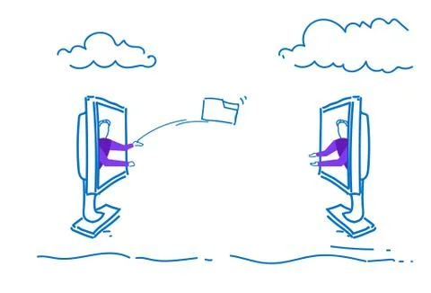 Two businessmen throwing folder each other computer monitor internet network Stock Illustration