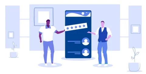 Two businessmen using mobile chatting application men leaving review five stars イラスト素材