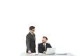 The two businessmen work at the desktop on the white background Photo