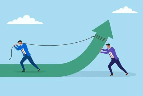 Two businessmen working together, one pulling and another pushing rope Stock Illustration