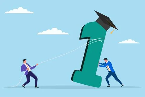 Two businessmen working together to support and raising number one Stock Illustration