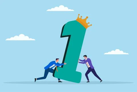 Two businessmen working together to support and raising number one Stock Illustration