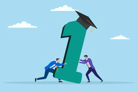Two businessmen working together to support and raising number one Stock Illustration