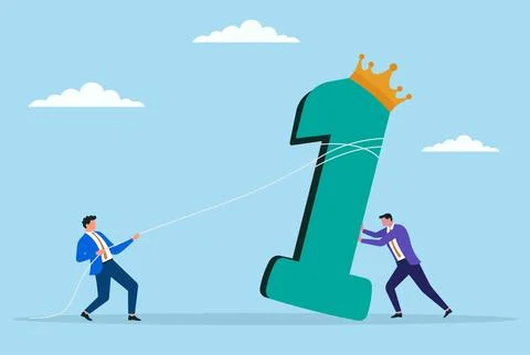 Two businessmen working together to support and raising number one Stock Illustration