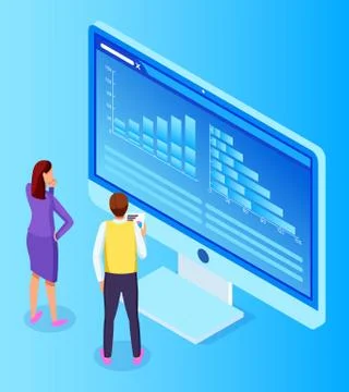 Two businesspeople looking at screen of computer and analysing report, statistic Illustrazione stock