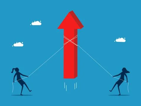 Two businesswomen help pull arrows. Compete for growth. vector Stock Illustration