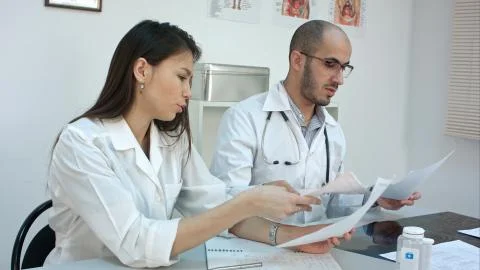 Two busy doctors working with papers and xray images, answering phone calls Stock Photos