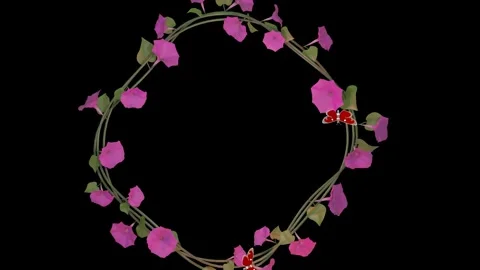 Two butterflies fly in a circle over a wreath of purple morning gloria flowers o Stock-Footage 161183784