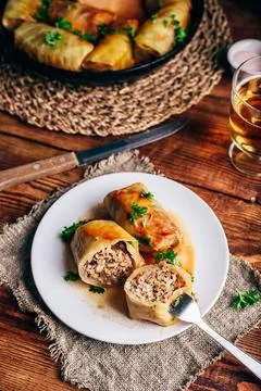Two Cabbage Rolls Stuffed with Minced Meat Stock Photos