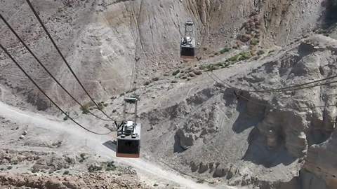Two cabins of funicular passed each other and goes to the destination stations Stock Footage 141225857