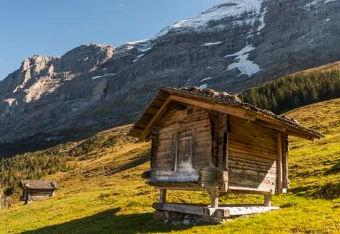 Two cabins in switserland alps with eiger Stock Photos